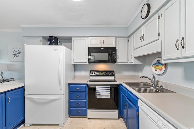 5601 N Ocean Blvd Unit 214B, Myrtle Beach, SC 29577 - kitchen featuring white appliances, a sink, crown molding, blue cabinetry, and light flooring