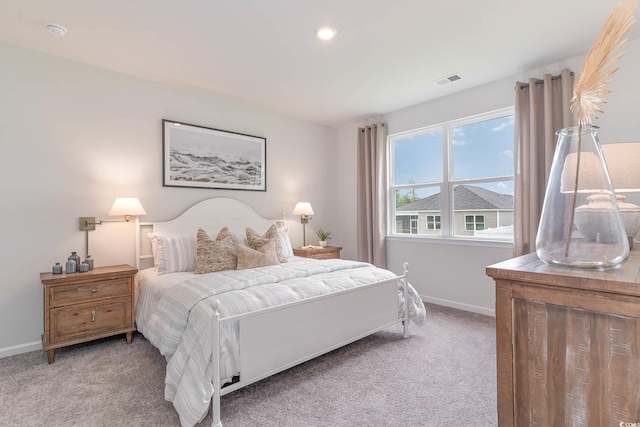 bedroom featuring carpet floors, baseboards, and recessed lighting