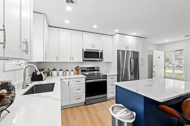 207 Fox Ln, Murrells Inlet, SC 29576 - kitchen featuring a sink, white cabinetry, light wood-style flooring, stainless steel appliances, and visible vents