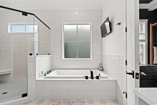 849 Crystal Water Way, Myrtle Beach, SC 29579 - bathroom with ornamental molding, a garden tub, and a stall shower