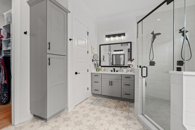 849 Crystal Water Way, Myrtle Beach, SC 29579 - full bathroom with tile patterned floors, a shower stall, vanity, crown molding, and a spacious closet