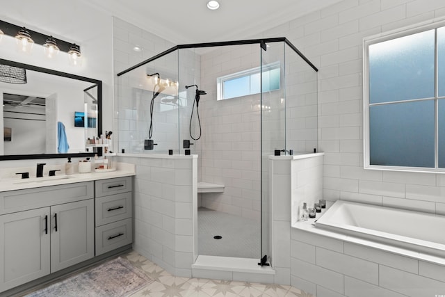 849 Crystal Water Way, Myrtle Beach, SC 29579 - bathroom featuring a garden tub, vanity, a shower stall, and ornamental molding