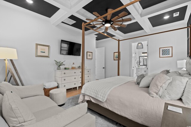 849 Crystal Water Way, Myrtle Beach, SC 29579 - bedroom featuring coffered ceiling, crown molding, beamed ceiling, wood finished floors, and connected bathroom