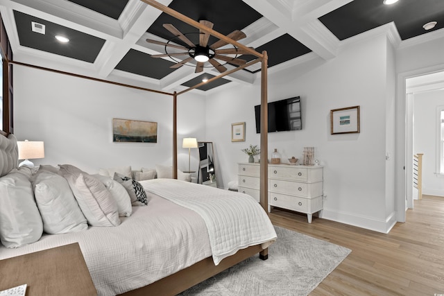 849 Crystal Water Way, Myrtle Beach, SC 29579 - bedroom with coffered ceiling, crown molding, baseboards, light wood-style flooring, and beam ceiling