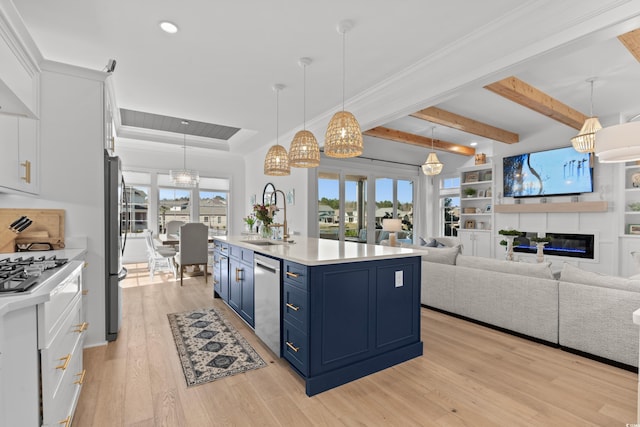 849 Crystal Water Way, Myrtle Beach, SC 29579 - kitchen with blue cabinets, appliances with stainless steel finishes, light wood-style flooring, a sink, and light countertops