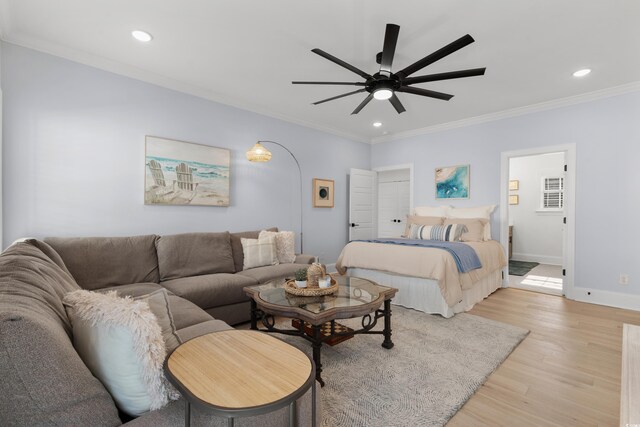 849 Crystal Water Way, Myrtle Beach, SC 29579 - bedroom with ornamental molding, light wood-style floors, baseboards, recessed lighting, and a ceiling fan