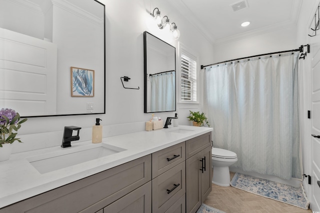 849 Crystal Water Way, Myrtle Beach, SC 29579 - bathroom with double vanity, toilet, crown molding, a shower with curtain, and recessed lighting