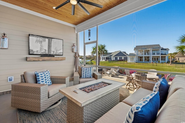 849 Crystal Water Way, Myrtle Beach, SC 29579 - view of patio / terrace with an outdoor living space with a fire pit, a ceiling fan, and a residential view