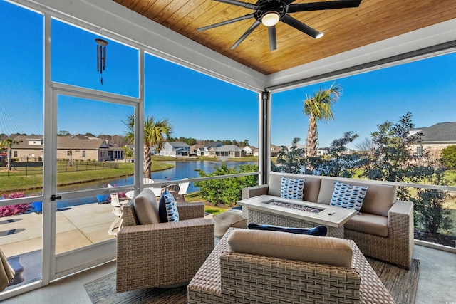 849 Crystal Water Way, Myrtle Beach, SC 29579 - view of patio featuring an outdoor fire pit, a water view, a ceiling fan, and a residential view