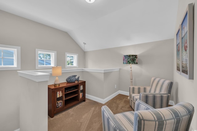 1109 Bonnet Dr, North Myrtle Beach, SC 29582 - living area featuring carpet flooring, an upstairs landing, and lofted ceiling