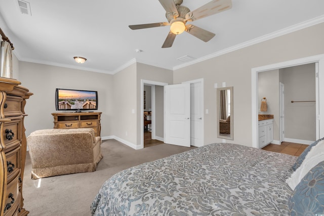 1109 Bonnet Dr, North Myrtle Beach, SC 29582 - carpeted bedroom featuring ornamental molding, ceiling fan, and ensuite bath