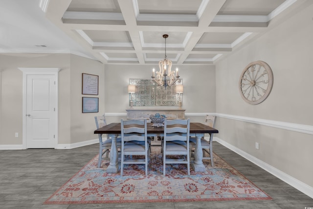 1109 Bonnet Dr, North Myrtle Beach, SC 29582 - dining space with a chandelier, wood finished floors, beamed ceiling, coffered ceiling, and ornamental molding