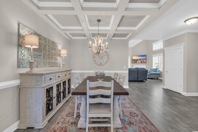 1109 Bonnet Dr, North Myrtle Beach, SC 29582 - dining area with a chandelier, coffered ceiling, wood finished floors, beam ceiling, and crown molding