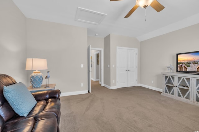 1109 Bonnet Dr, North Myrtle Beach, SC 29582 - living room featuring attic access, carpet, lofted ceiling, and ceiling fan