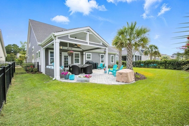 1109 Bonnet Dr, North Myrtle Beach, SC 29582 - rear view of property featuring ceiling fan, a patio, a fenced backyard, an outdoor hangout area, and roof with shingles