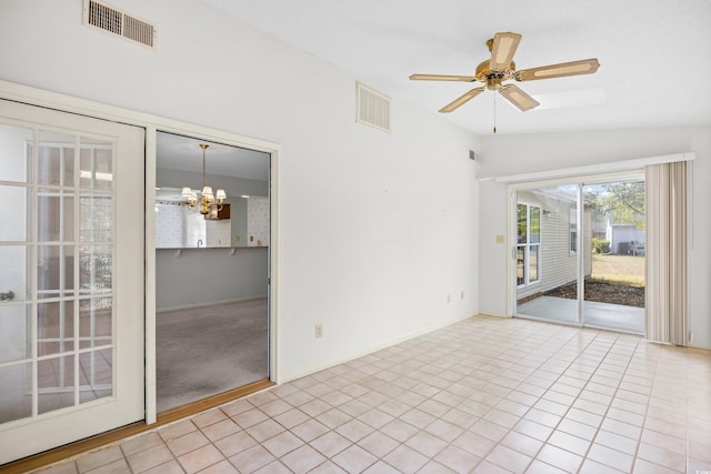 1001 Cardinal Ct, Murrells Inlet, SC 29576 - unfurnished room with a chandelier, ceiling fan, tile patterned floors, and lofted ceiling