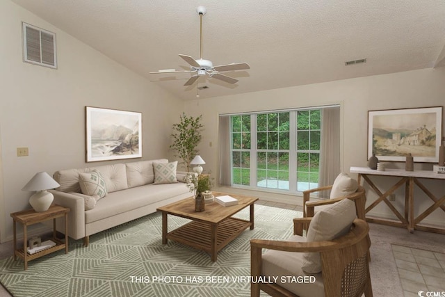 1001 Cardinal Ct, Murrells Inlet, SC 29576 - living area with a textured ceiling, ceiling fan, and lofted ceiling