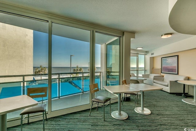 balcony with a baseboard heating unit, view of pool, and a water view