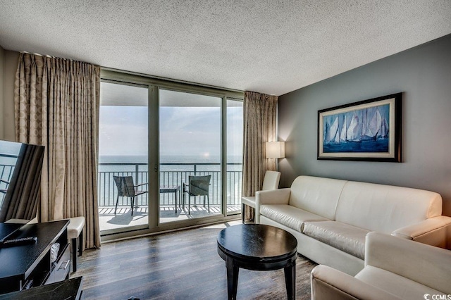 living area featuring a wall of windows, wood finished floors, a textured ceiling, and a water view