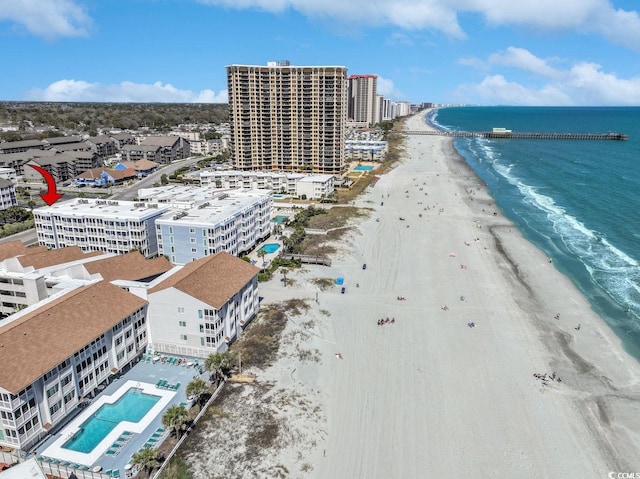 drone / aerial view with a water view and a view of the beach