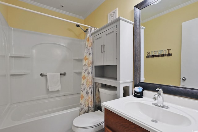 full bathroom featuring shower / bath combination with curtain, crown molding, visible vents, vanity, and toilet