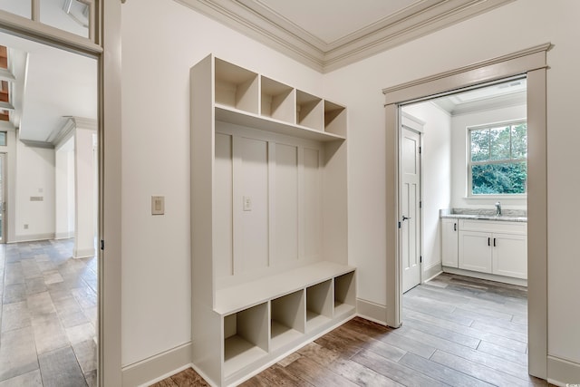 6013 Blease Ct, Myrtle Beach, SC 29588 - mudroom with crown molding and light wood-style flooring