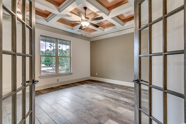 6013 Blease Ct, Myrtle Beach, SC 29588 - unfurnished room with wood finished floors, ceiling fan, french doors, beam ceiling, and crown molding