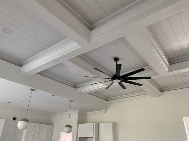 interior details featuring ceiling fan, ornamental molding, and beamed ceiling