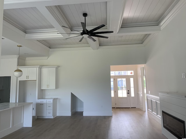 144 Sago Palm Dr, Myrtle Beach, SC 29579 - unfurnished living room featuring wooden ceiling with exposed beams, crown molding, wood finished floors, ceiling fan, and coffered ceiling