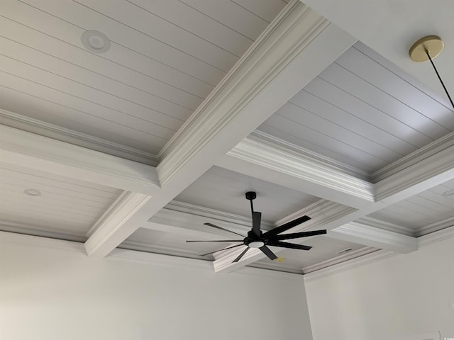 interior details featuring beamed ceiling, crown molding, and coffered ceiling