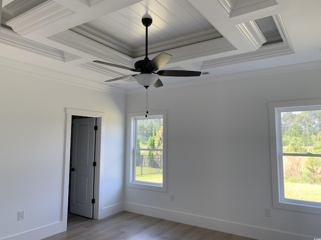 144 Sago Palm Dr, Myrtle Beach, SC 29579 - unfurnished room featuring crown molding, wood finished floors, baseboards, ceiling fan, and coffered ceiling