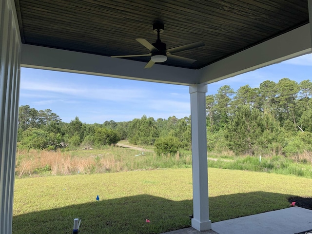 144 Sago Palm Dr, Myrtle Beach, SC 29579 - view of green lawn with ceiling fan and a forest view