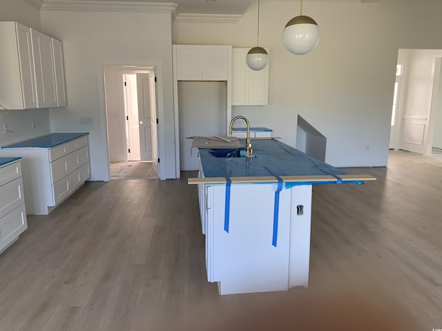 kitchen featuring light wood finished floors, crown molding, white cabinetry, and a center island with sink