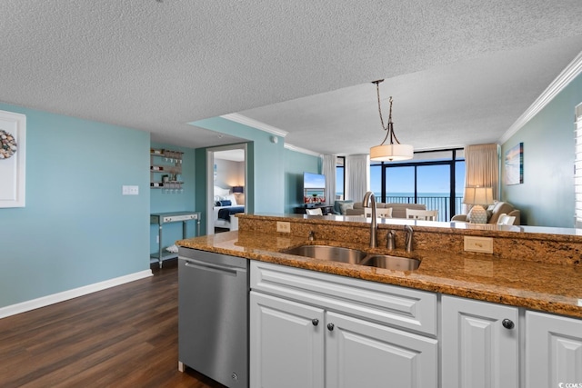 501 S Ocean Blvd Unit 1006, North Myrtle Beach, SC 29582 - kitchen featuring a sink, stainless steel dishwasher, ornamental molding, a textured ceiling, and dark wood-type flooring