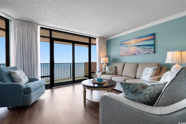 501 S Ocean Blvd Unit 1006, North Myrtle Beach, SC 29582 - living room with expansive windows, wood finished floors, ornamental molding, a textured ceiling, and healthy amount of natural light