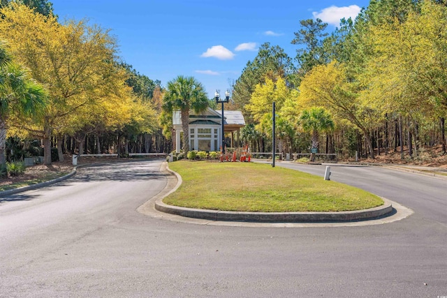 view of asphalt road featuring curbs and street lighting