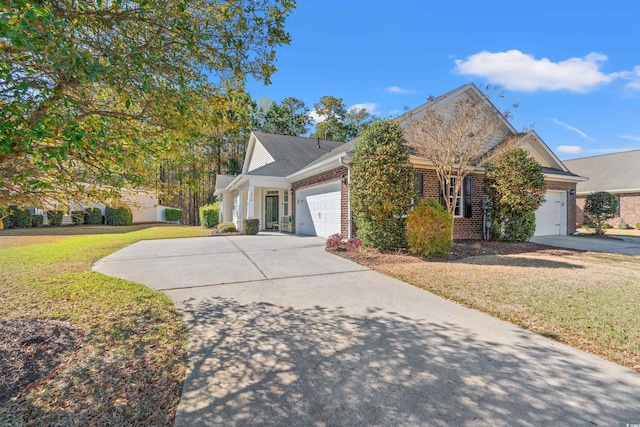 view of front of home with a garage, brick siding, concrete driveway, and a front yard