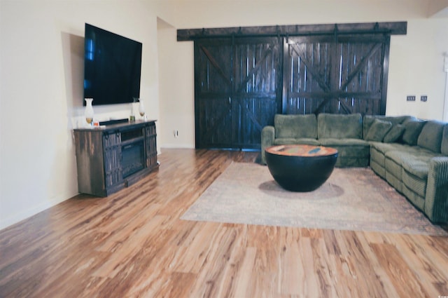 living area with baseboards, wood finished floors, and a fireplace