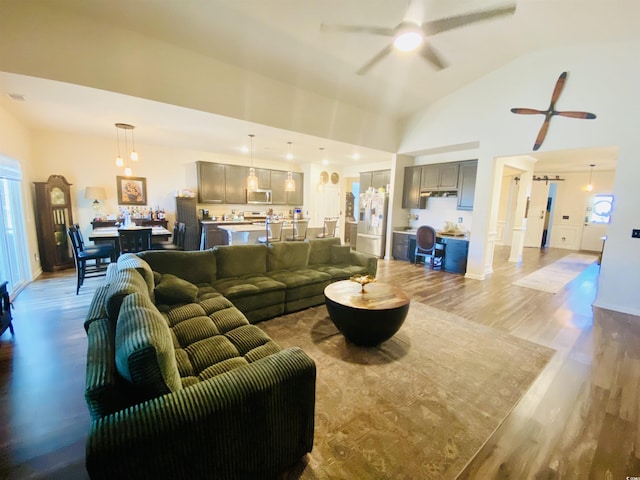 living room featuring high vaulted ceiling, a ceiling fan, and wood finished floors