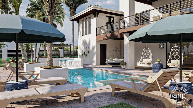 view of pool featuring a fenced in pool, fence, and a patio