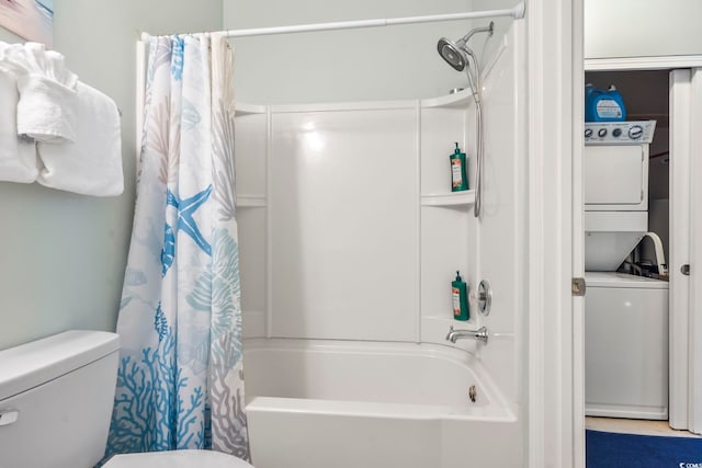 6253 Catalina Dr Unit 713, North Myrtle Beach, SC 29582 - full bathroom featuring stacked washer / dryer, shower / tub combo, and toilet