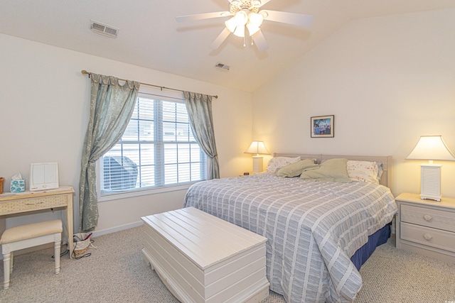 carpeted bedroom with baseboards, ceiling fan, lofted ceiling, and visible vents