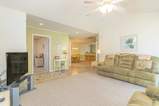 living room featuring a ceiling fan, baseboards, lofted ceiling, carpet flooring, and recessed lighting