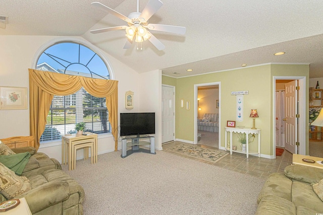 living area with baseboards, a ceiling fan, a textured ceiling, and vaulted ceiling