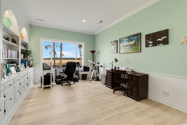 office featuring recessed lighting, crown molding, visible vents, and light wood-type flooring