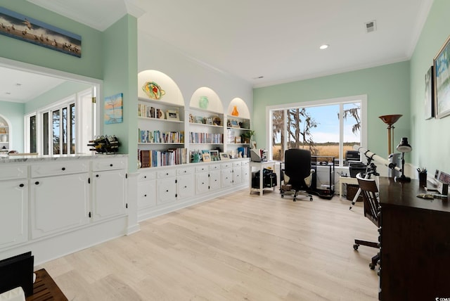 home office featuring light wood finished floors, visible vents, recessed lighting, and ornamental molding
