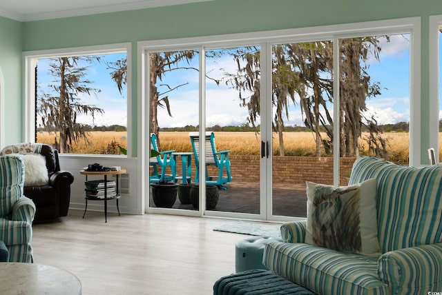 interior space with crown molding and wood finished floors
