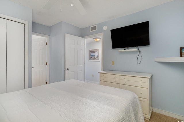 5905 S Kings Hwy Unit 439-B, Myrtle Beach, SC 29577 - bedroom with a closet, baseboards, ceiling fan, visible vents, and light colored carpet