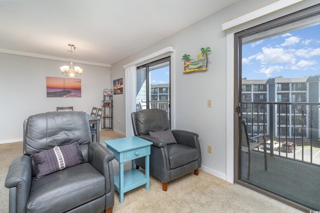 5905 S Kings Hwy Unit 439-B, Myrtle Beach, SC 29577 - living area featuring light colored carpet, a chandelier, and baseboards