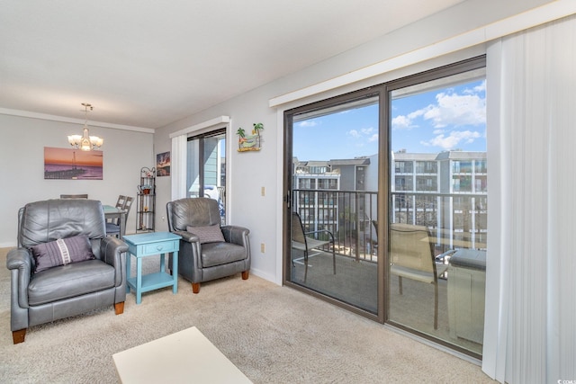 5905 S Kings Hwy Unit 439-B, Myrtle Beach, SC 29577 - living area with carpet flooring, a notable chandelier, and baseboards